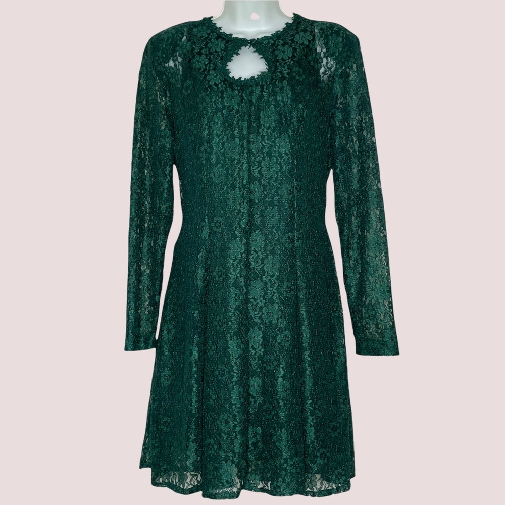 Vintage Green Lace Skater Dress Keyhole Long-Sleeve Tie-Back Bow Christmas